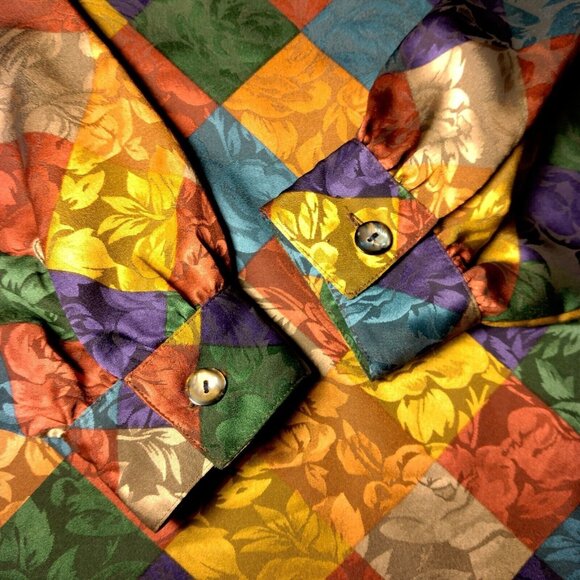 La Chine Classic Blouse Size 12 Satin Polyester Patch Look Rose Long Slv Vintage - Picture 13 of 16